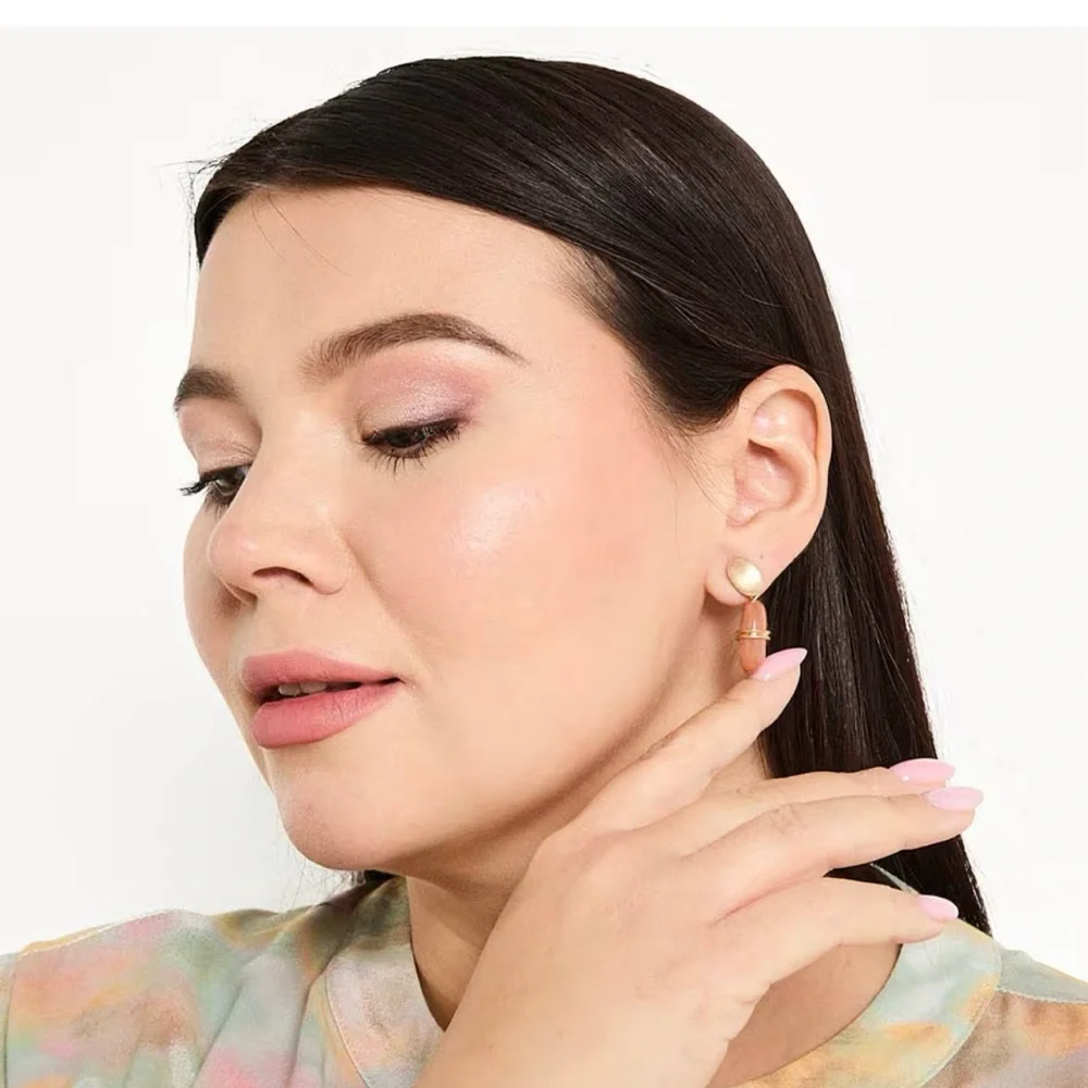 Parfois Oval Stone Drop Earrings Pink Peach Gold Tone - Picture 5 of 5